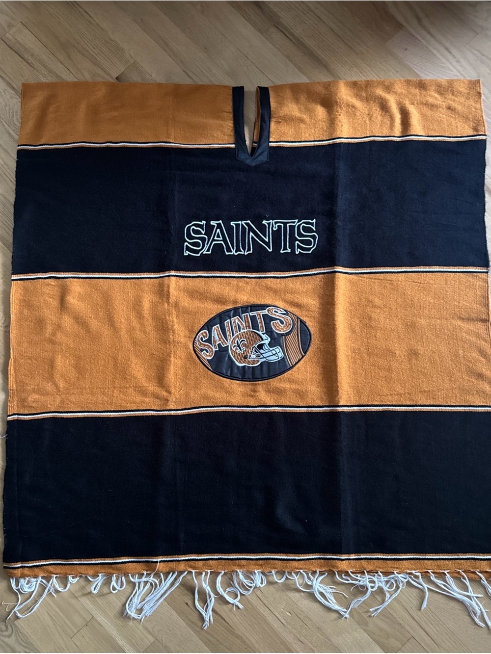 New Orleans Saints NFL Mexican Poncho Serape Fringe One Size Black Gold Wrap